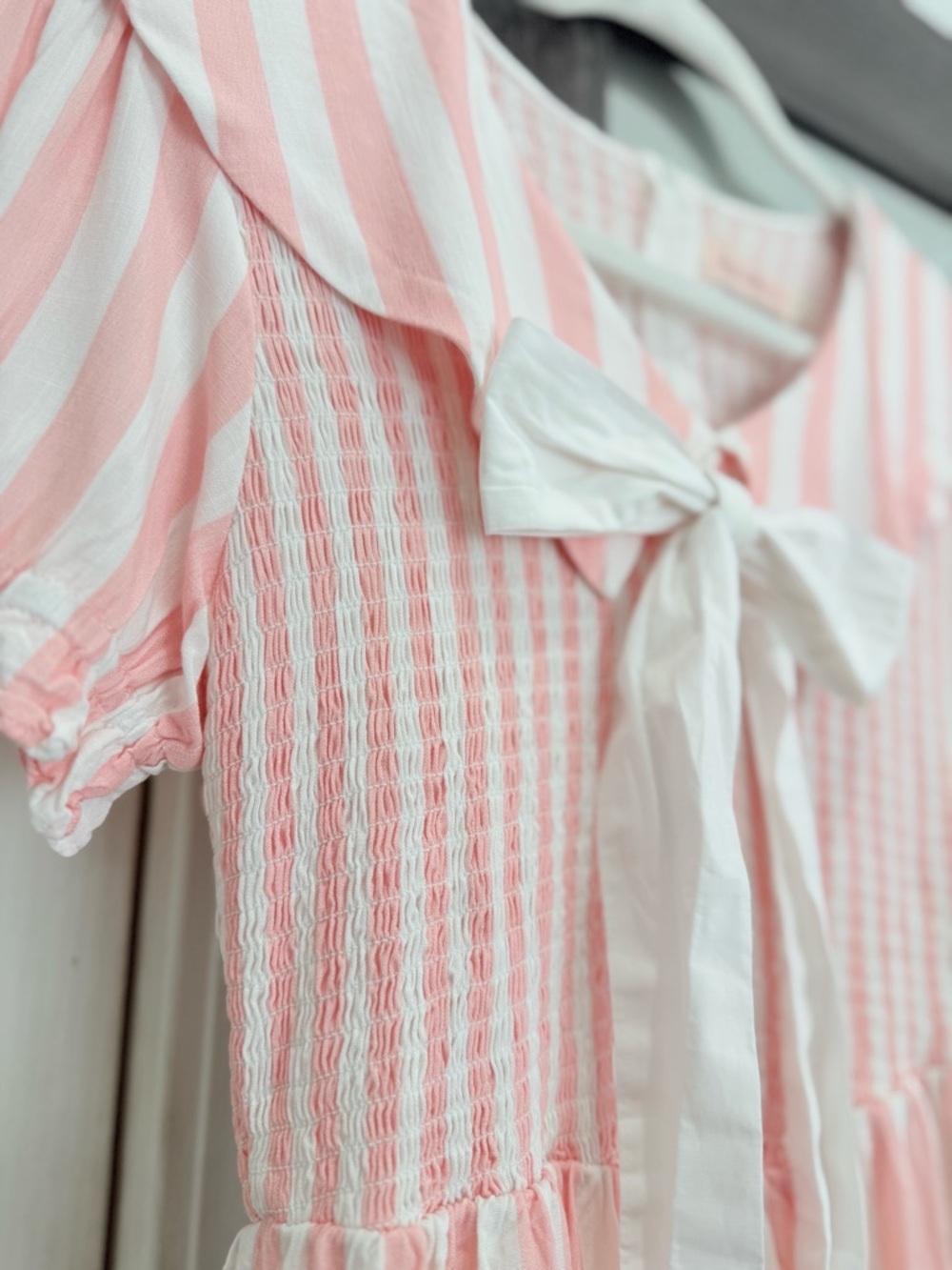 Ivy City Co Pink and White Striped Cotton Dress with Bow